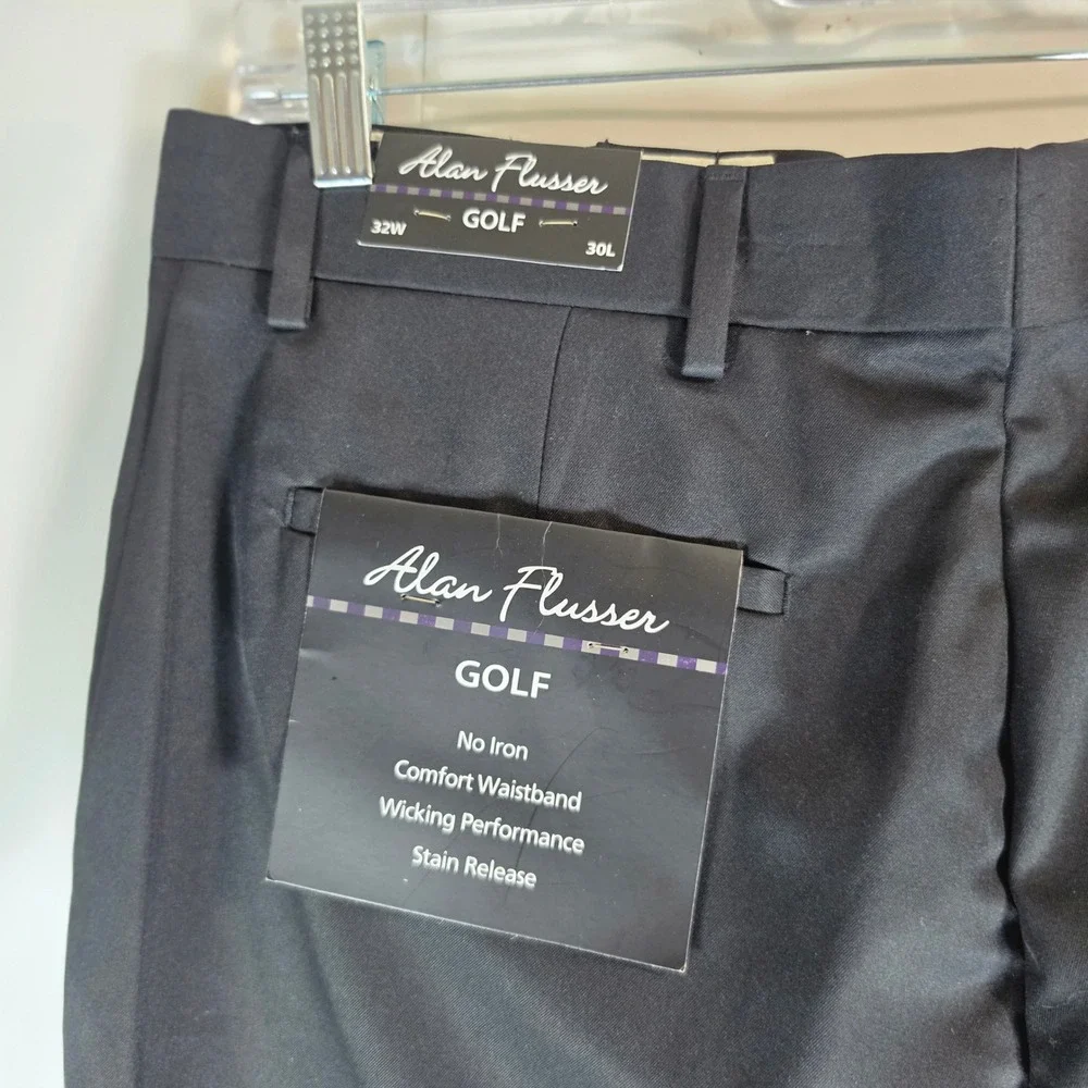 Alan Flusser Golf Pants Mens 32x30 Black Pleated Cuffed No Iron NWT